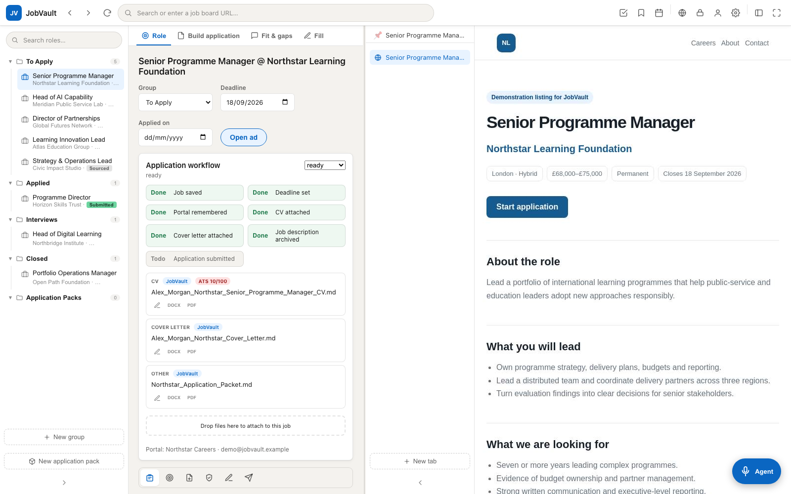 The Opportunity Desk workspace showing an organised fictional role pipeline, tailored application assets and a demonstration vacancy.