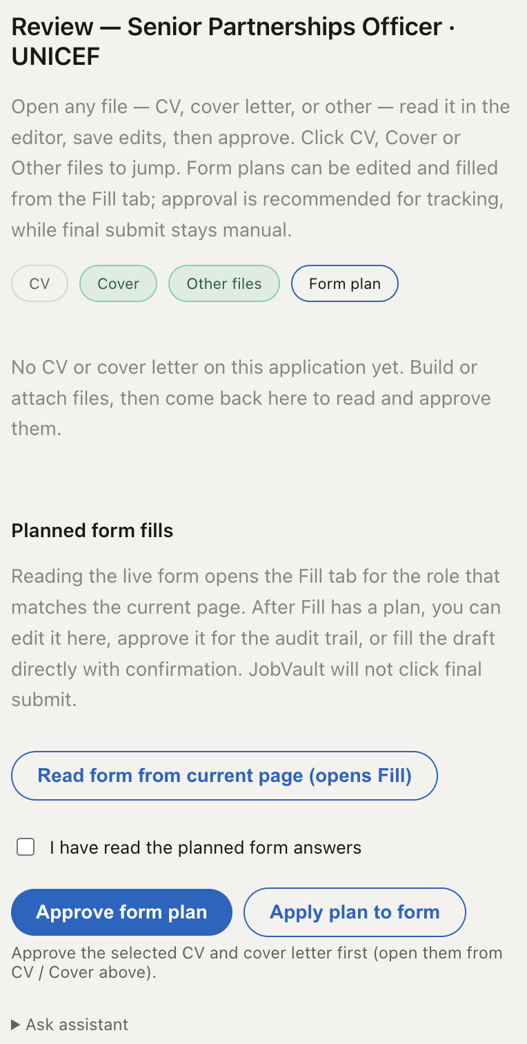 Focused screenshot of the real Opportunity Desk application review workspace