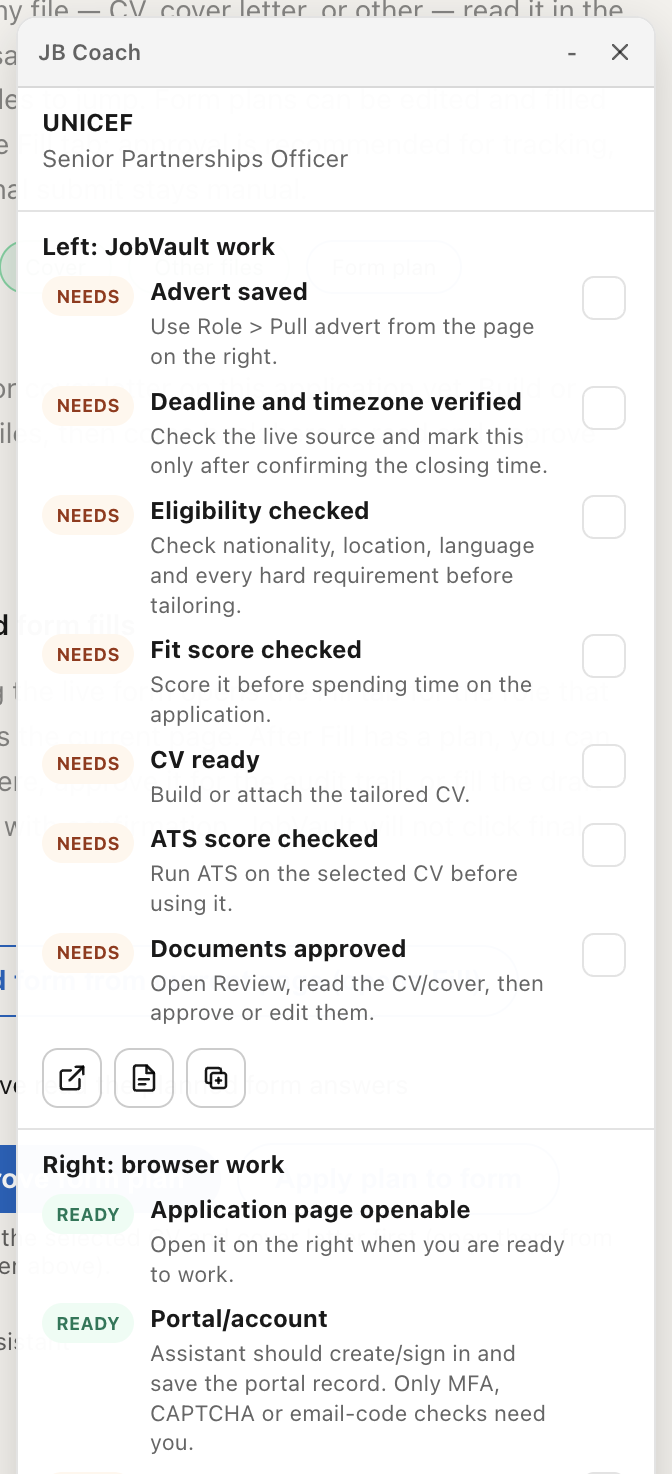 Focused screenshot of the real JB Coach checklist